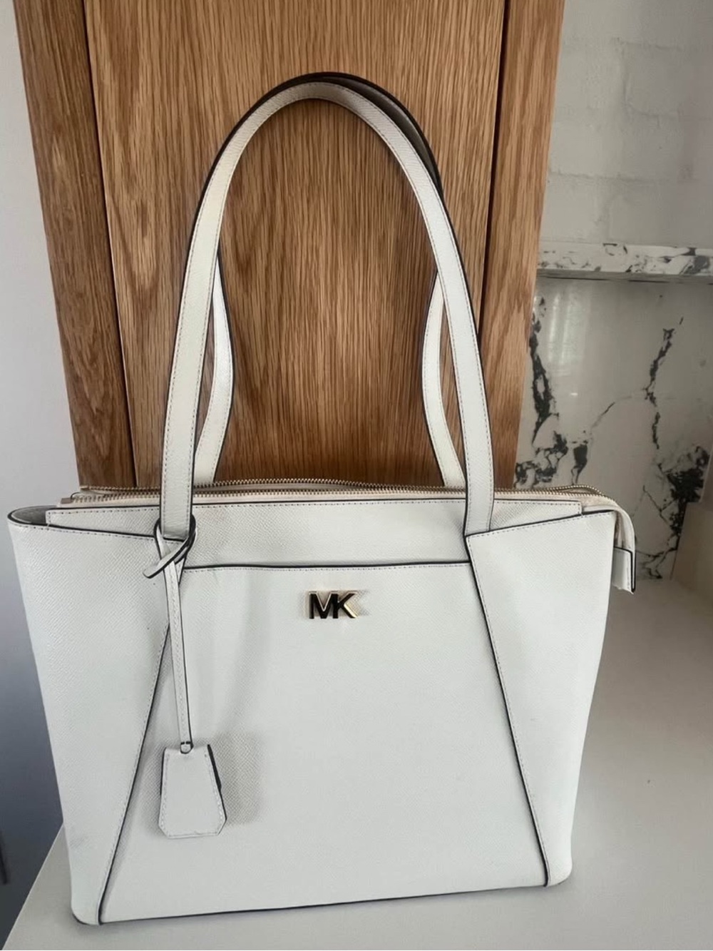 Michael Kors White Saffiano Tote with Gold MK Accent
